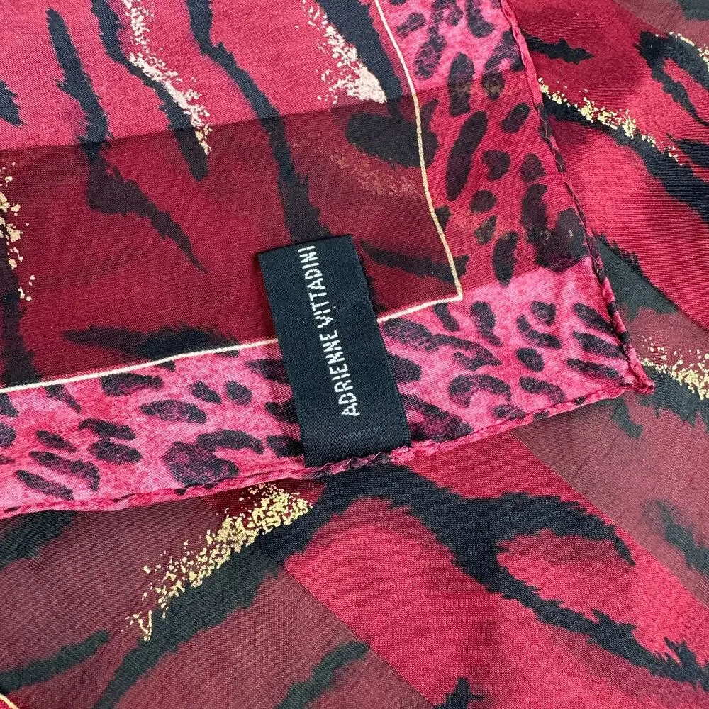 Adrienne Vittadini Red Animal Print Silk Scarf Tiger Cheetah Leopard 21